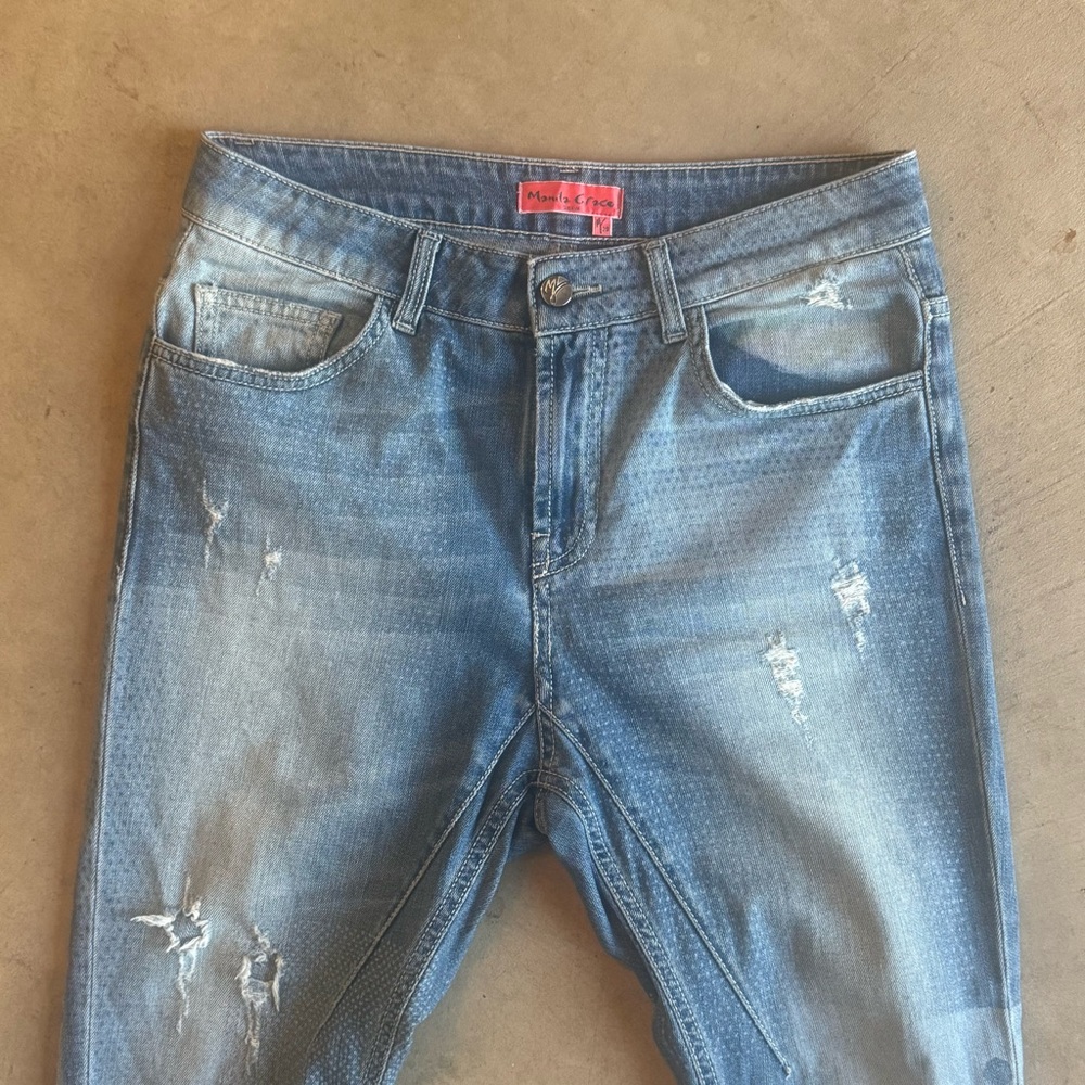 Vintage Designer Manila Grace Distress Blue Skinny Jeans Polkadot Detail (28)